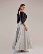 Elegant Silver Feathered Dress with Black Bow - Image 2