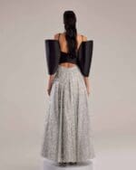 Elegant Silver Feathered Dress with Black Bow - Image 3