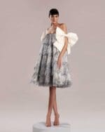Whimsical Silver Feathered Dress with White Taffeta Bow Ties