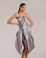 Sophisticated Silver Taffeta Dress with Sculptural Cut and Shape - Image 2