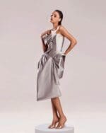 Sophisticated Silver Taffeta Dress with Sculptural Cut and Shape - Image 3