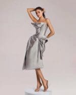 Sophisticated Silver Taffeta Dress with Sculptural Cut and Shape - Image 4