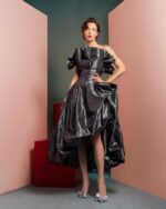 Anthracite Strapless Dress with metallic Ruffles Presence