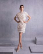 Draped Open Back Lamé Georgette Dress - Image 4