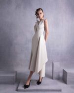 Gold Razmir Dress with Draped Shoulder and High Slit - Image 3