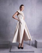Gold Razmir Dress with Draped Shoulder and High Slit - Image 4