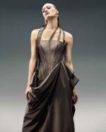 Brown Taffeta Corset Dress with Asymmetrical Hem - Image 4