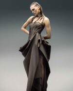 Brown Taffeta Corset Dress with Asymmetrical Hem - Image 5