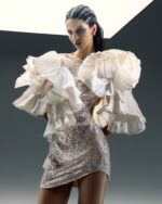 Asymmetrical Sequined Sparkling Dress with Taffeta Ruffles