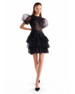 Puff Sleeves Black Chantilly Lace Mini Dress - Image 5