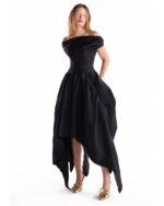 Asymmetric Hem Black Taffeta Off-Shoulder Dress - Image 6