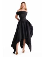 Asymmetric Hem Black Taffeta Off-Shoulder Dress - Image 5