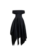 Asymmetric Hem Black Taffeta Off-Shoulder Dress - Image 3