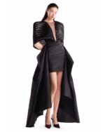 Chic Black Sequin Mini Dress with Draped Taffeta - Image 6