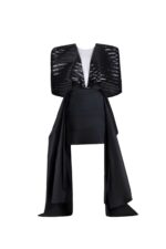 Chic Black Sequin Mini Dress with Draped Taffeta - Image 2