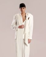 White Crepe Jacket with Feminine Cut and Crepe Georgette Shawl