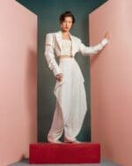 Ruched Sleeves Asymmetrical Crop Jacket with Floral Detailing - Image 4