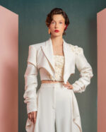 Ruched Sleeves Asymmetrical Crop Jacket with Floral Detailing
