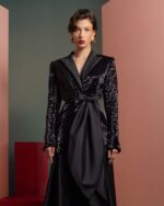 Elegant Sequin Blazer with Draped Taffeta Detail and knot