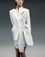 Asymmetric Off-White Mikado Jacket with Feathered Lace - Image 6