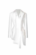 Asymmetric Off-White Mikado Jacket with Feathered Lace - Image 2