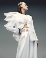Asymmetric Tulle Burst Jacket in Mikado Piqué