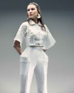 Ivory Embroidered Cropped Jacket with Wide Short  Sleeves