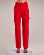 Bold Red Crepe Pants with Draped Overlay