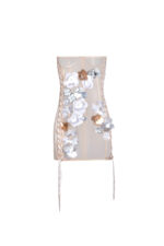 Sheer Champagne Corset with Metallic Floral Appliqués - Image 2