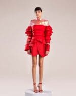 Bold Red Taffeta Top with Iridescent Fabric and Layered Ruffles - Image 5