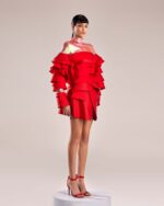 Bold Red Taffeta Top with Iridescent Fabric and Layered Ruffles - Image 4