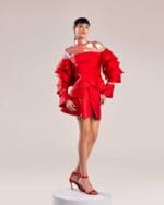 Bold Red Taffeta Top with Iridescent Fabric and Layered Ruffles - Image 2