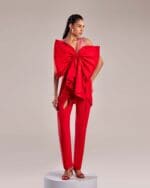 Bold Red Crepe Pants with Draped Overlay - Image 5