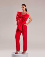 Bold Red Crepe Pants with Draped Overlay - Image 2