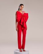 Bold Red Crepe Pants with Draped Overlay - Image 4