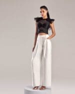 Elegant Metallic Silver Flared Wide-Leg Pants - Image 3