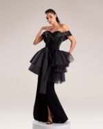 Sleek Black Crepe Skirt with High Slit and Diagonal Seams - Image 2