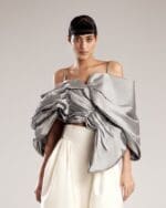 Luxurious Silver Taffeta Top with Dramatic Folds for a Glamorous Look