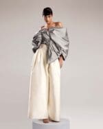 Elegant High-Waisted Pleated White Taffeta Jupe-Culotte - Image 4
