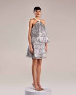 Loose-Cut Feathered Silver Fabric Top for Glamorous Confidence - Image 5