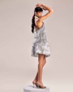 Loose-Cut Feathered Silver Fabric Top for Glamorous Confidence - Image 4