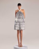 Loose-Cut Feathered Silver Fabric Top for Glamorous Confidence - Image 2