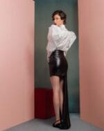 Asymmetrical Leather Skirt with Bold Side Bow - Image 4
