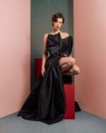 Elegant Black Taffeta Top with Statement Bow - Image 3