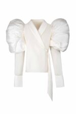 Voluminous Puff-Sleeve Wrap Taffeta Blouse - Image 2