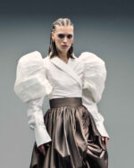Voluminous Puff-Sleeve Wrap Taffeta Blouse