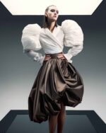 Voluminous Puff-Sleeve Wrap Taffeta Blouse - Image 3