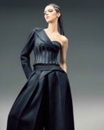 One-Sleeve Asymmetric Mikado Jacket with Structured Corset and Razmir Stripes