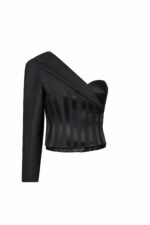 One-Sleeve Asymmetric Mikado Jacket with Structured Corset and Razmir Stripes - Image 2