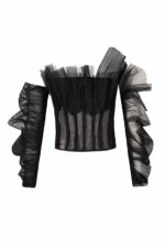 Sheer Corset Top with Plissé Ruffle and Tulle Sleeves - Image 2